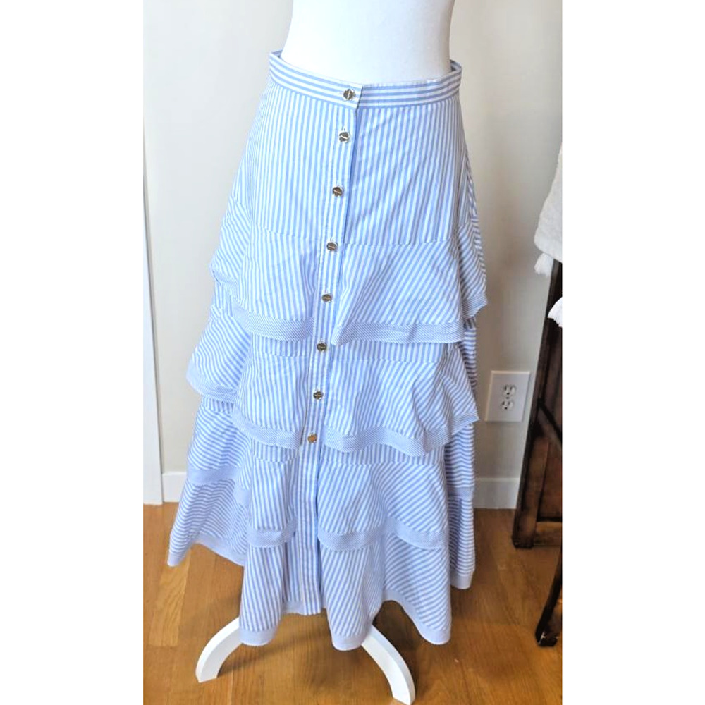 Sandro 38 Blue White Stripe Maxi Skirt Button Front Ruffle Coastal Preppy Resort - Picture 2 of 11